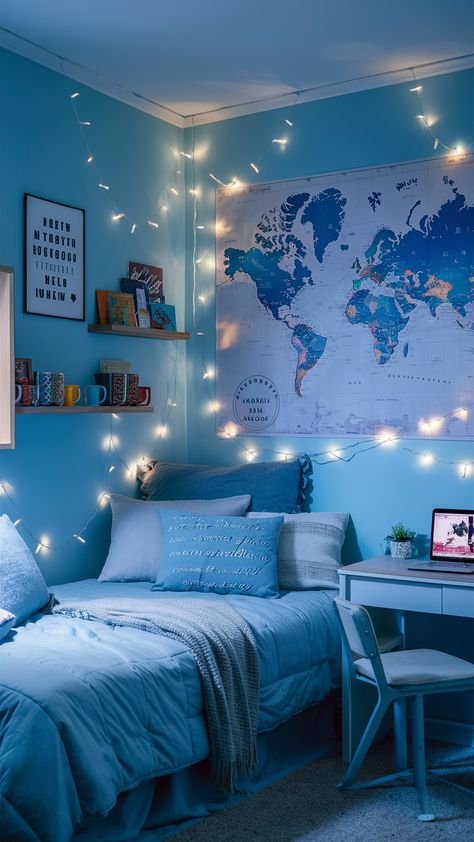 Freshen up your dorm room with light blue themes. From soothing wall colors to cozy textiles, learn how these light blue elements can transform your space into a relaxing haven. Cute Blue Room Ideas, Blue Wall Bedroom Aesthetic, Blue Wall Aesthetic, Light Blue Girls Bedroom, Blue And White Room Aesthetic, Blue Room Themes, Blue Teen Bedrooms, Light Blue Dorm Room, Light Blue Dorm Room Ideas