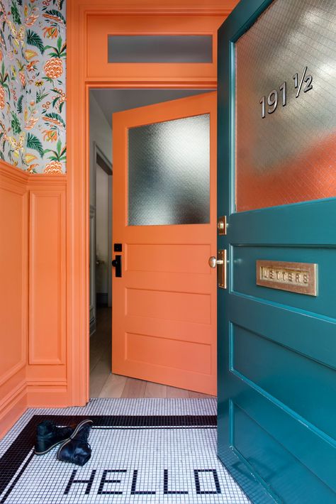 Orange Front Door, Orange Front Doors, Best Front Door Colors, Best Front Doors, Orange Door, Door Colors, Entryway Inspiration, Front Door Colors, Door Color