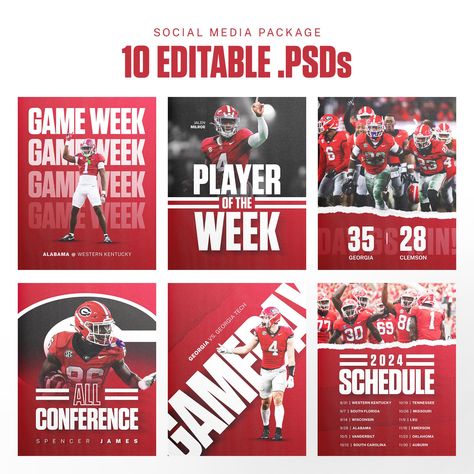 Easily elevate your team's social media look with this professional graphics package. Enjoy fully customizing these 10 unique .psd templates with by following the included video tutorial (https://youtu.be/i9YGLUTRKtQ)  What's Inside:  2 Gameday graphics 2 Final Score graphics 1 Schedule graphic 1 Player of the Week graphic  1 All-Conference graphic  1 Announcement Graphic 1 Coach of the Year graphic  1 Game Week graphic  1 Video tutorial How it works: After purchasing, you'll receive a PDF file Team Announcement Design, Game Week Graphic, Player Of The Year Graphic, Social Media Sports Design, Playoffs Graphic Design, Player Of The Week Graphic, Sports Team Social Media, Sport Social Media Design, Season Tickets Graphic