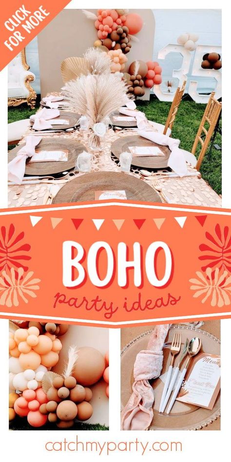 Don't miss this gorgeous boho birthday party! The table settings are fabulous! See more party ideas and share yours at CatchMyParty.com Boho Birthday Ideas, Boho Chic 40th Birthday Party, Boho 21st Birthday Party Ideas, Boho Table Setting Birthday, Boho Theme Birthday Party, Boho Party Theme, Boho Food Ideas, Bohemian Theme Party, Boho 40th Birthday Party