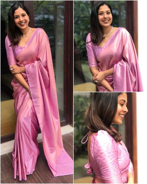 Contrast Saree Blouse Ideas Pink, Saree Soft Silk Sarees, Pink Silk Saree Look Traditional, Pink Saree With Pink Blouse, Banarasi Soft Silk Sarees, Blouse For Soft Silk Saree, Soft Pattu Sarees, Soft Silk Sarees Blouse Designs, Onion Colour Saree With Contrast Blouse