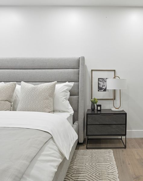 Grey Bed Frame Bedroom Ideas Modern, Nightstand For Grey Upholstered Bed, Bedding For Dark Grey Headboard, Bedroom With Gray Furniture, Grey Bed Side Table, Light Grey Bed Frame Bedroom Ideas, Light Gray Headboard Bedroom, Light Grey Headboard Bedroom, Furnish Apartment