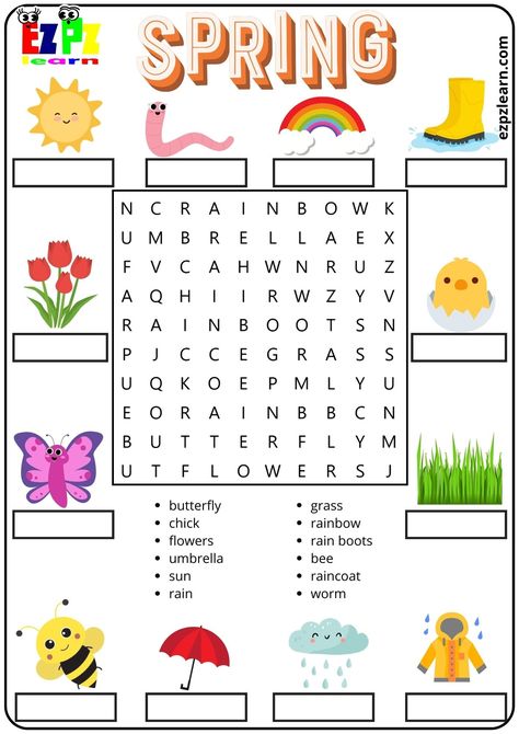 Spring Season Vocabulary Word Search and Match the Words Activity for Kids and English Language Learners - Ezpzlearn.com Spring Worksheets, Spring Word Search, Holiday Word Search, Picture Vocabulary, Spring Vocabulary, Seasons Worksheets, Spring Worksheet, Spring Words, English Worksheets For Kids