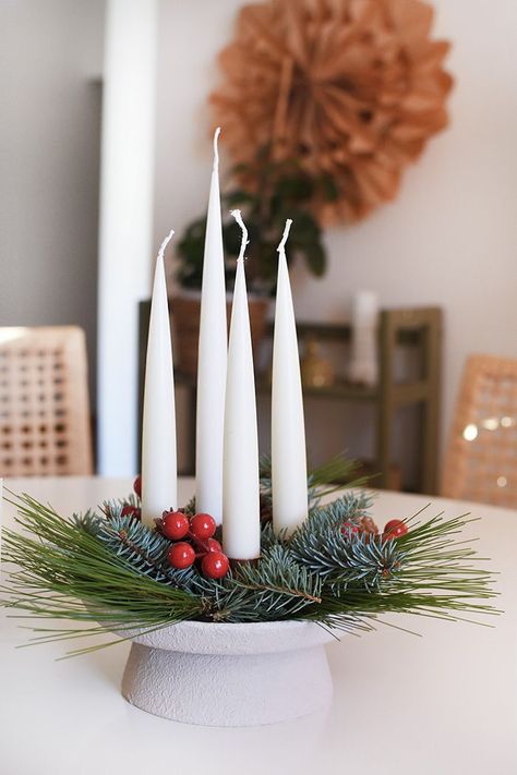 Learn how to make a Foraged DIY Advent Wreath this holiday season using upcylced plates, baking soda and copper fittings. Celebrate the countdown until Christmas Day with this beautiful tradition. Delineate Your Dwelling Diy Advent Wreath, Countdown Until Christmas, Diy Pedestal, Handmade Gifts Christmas, Advent Wreath Diy, Advent Wreath Candles, Advent Candle, Winter Project, Advent Candles