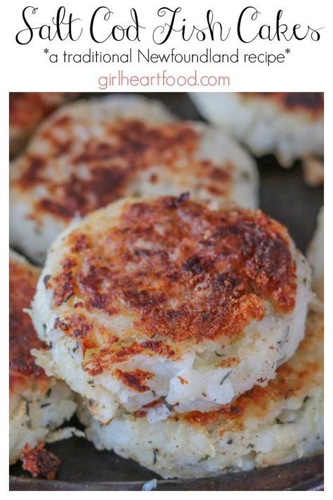 This traditional Newfoundland fish cake recipe is a favourite! Salt cod fish is combined with mashed potato, savoury and some onion, formed into patties and fried until golden brown and crispy! Delicious for dinner or breakfast alike! #fishcakes #Newfoundlandrecipe #saltcod #comfortfood #seafood #cod Salt Fish Recipe, Fish Cake Recipe, Cod Fish Cakes, Seafood Casserole Recipes, Cod Cakes, Newfoundland Recipes, Cod Fish Recipes, Fish Cakes Recipe, Rock Recipes