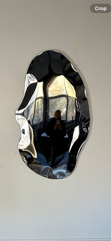 chrome puddle mirror by PIERS HENRY contact for a bespoke size Our Metal balloon wall art by is hand made and each one is lightly unique. The mirror provides a very good reflection however as it's metal it isn't alike a perfect glass mirror  Each sculpture is signed and serial numbered on the back. Balloon mirror is a beautiful sculpture that stands out from most artwork pieces and captures the light and reflects beauty. Wall mountable and bespoke sizes available. Size in image is 1.3 x 80cm By Chrome Sculpture Art, Wall Mirror Unique, Chrome Wall Art, Melted Mirror, Bathroom Sculpture, Chrome Artwork, Surreal Mirror, Melting Mirror, Chrome Sculpture