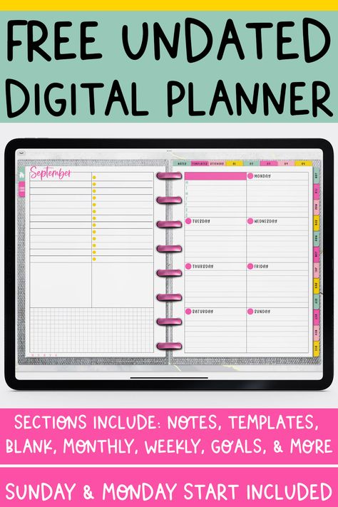 Grab this free digital undated planner to keep yourself organized this year. It's undated so you can use it at any time since it is undated. It has tons of extras including page templates, goal section, habit tracker, notes sections, blank sticker section, and so much more. It's perfect to use in the Goodnotes App, Notability, Zoom Notes, and more. Goodnotes Schedule Template Free, Blank Digital Planner, Downloadable Planner Templates, Free Templates For Goodnotes, Free Digital Templates, Digital Planner Pages Free, Gtd Planner Free Printables, Onenote Planner Templates Free 2023, Free Digital Planner Samsung Notes