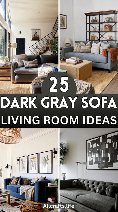 Coastal Living Rooms With Dark Grey Couches, Ikea Grey Couch Living Room, Dark Grey Leather Couch Living Room, Dark Gray Sofa Living Room, Gray Sofa Living Room Ideas, Gray Sofa Living Room, Dark Grey Sofa Living Room, White Couch Living Room, Cathedral Ceiling Living Room