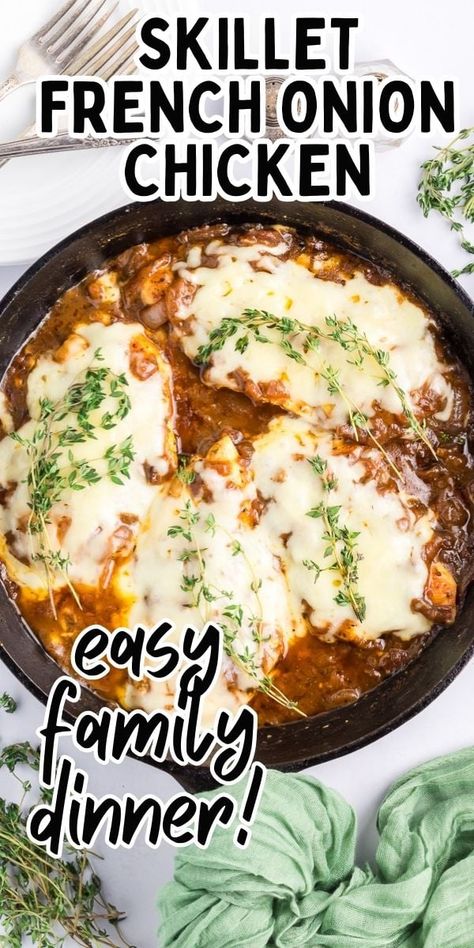 French onion chicken in skillet with fresh thyme. Cast Iron Chicken, Easy Family Dinner, Creamy Lemon Chicken, French Onion Chicken, Easy Chicken Breast, Cast Iron Skillet Recipes, Onion Chicken, Weeknight Dinner Recipes Easy, Easy Family Dinners