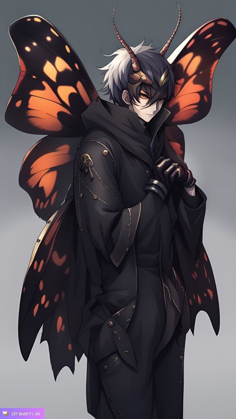 Moth Boy Character, Cat Oc Human Male, Moth Humanoid Male, Insect Oc Male, Mothman Human, Butterfly Character Design Male, Moth Character Design Male, Moth Boy Oc, Bat Hybrid Human