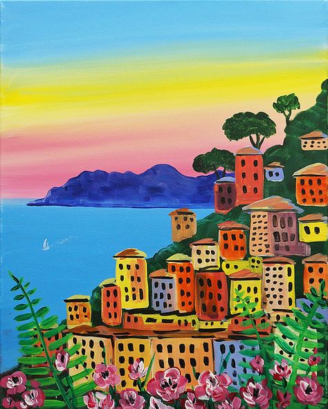 Painting Ideas On Canvas Italy Easy, Italy Landscape Painting Easy, Amalfi Coast Painting Easy, Italy Canvas Painting Easy, Sicily Art Painting, Mediterranean Paintings Easy, Italy Canvas Painting, Italian Coast Painting, Italy Painting Easy Acrylic