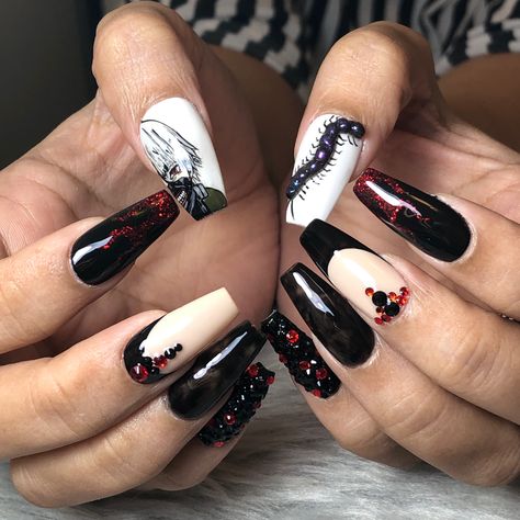 Tokyo Ghoul Nail Art, Tokyo Ghoul Inspired Nails, Anime Nails Tokyo Ghoul, Tokyo Ghoul Nails Designs, Attack On Titan Nails, Tokyo Ghoul Nails, Hybrid Extensions, Yasushi Takagi, Anime Inspired Nails