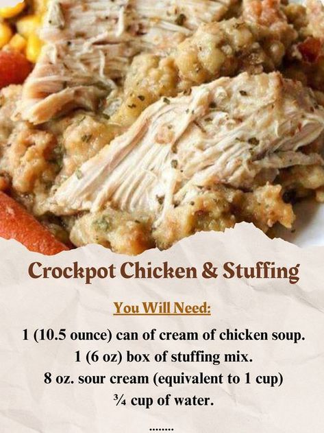 Recipe - RECIPE - Crockpot Chicken and Stuffing Chicken Stuffing Crockpot, Crockpot Chicken Stuffing, Stuffing Crockpot, Crockpot Chicken And Stuffing, Chicken And Stuffing, Chicken Stuffing, Stuffing Ingredients, Crockpot Ideas, Crockpot Healthy