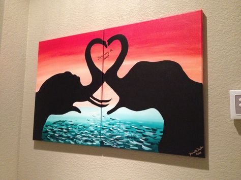 Elephants Painting Ideas For Couples, Couples Canvas Painting, Couples Canvas, Couple Painting, Canvas Drawing, Canvas Painting Ideas, Acrylic Painting Lessons, Painting Canvases, Cute Canvas Paintings