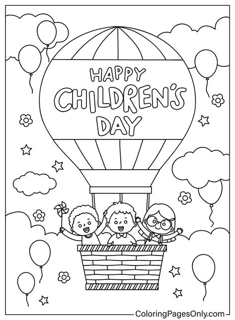 Three Children in a Hot Air Balloon Hot Air Balloon Coloring Pages, Balloon Coloring Pages, Children's Day Activities, Hot Air Balloon Craft, Yearbook Cover, Art Deco Cards, Hot Air Balloon Design, Flying In The Sky, Flying Balloon