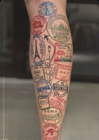 Tattoos From Different Countries, Push Tattoo Ideas, Prague Inspired Tattoo, Travel Themed Sleeve Tattoos, Paris Tattoo Ideas France, Travel Arm Sleeve Tattoo, Collage Sleeve Tattoo, Nomad Tattoo Ideas, Wonders Of The World Tattoo