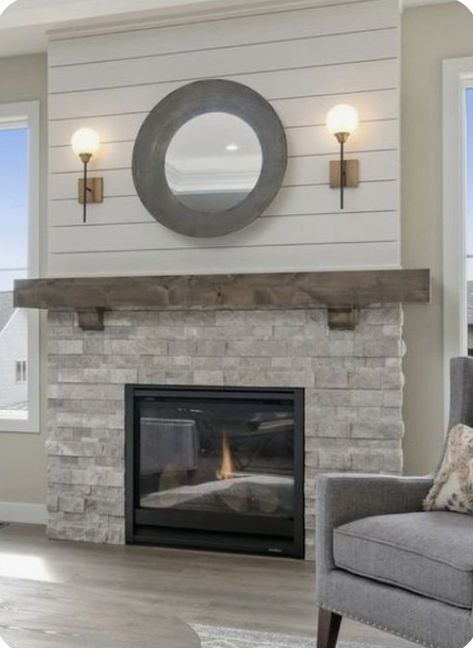 Bluestone Hearth Fireplace, Tile And Shiplap Fireplace Ideas, Gas Fireplace Modern Farmhouse, Faux Stone And Shiplap Fireplace, Flat Wall Fireplace Ideas Shiplap, Light Colored Brick Fireplace, Stone Fireplace With Shiplap On Sides, Stone Tile Fireplace Makeover, Fireplace Stone Bottom Shiplap Top