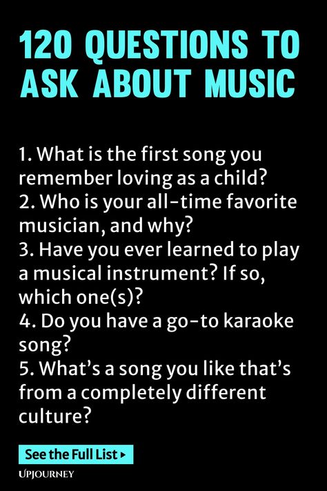 Explore the world of music with these 120 thought-provoking questions! Perfect for sparking conversations, deepening your passion for music, and discovering new perspectives. Whether you're a music lover or a musician, these questions will ignite your curiosity and creativity. Add this list to your next game night or use it as a fun way to connect with friends and family. Grab this pin now and start exploring the endless possibilities of discussing music! Song Association Game, Music Questions To Ask, Therapy Questions, Psychology Terms, Deep Questions To Ask, Music Therapist, Friendship And Dating, Fun Questions To Ask, Music Do