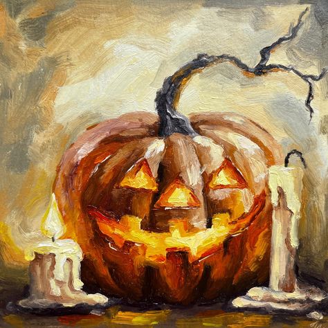 Pumpkin Oil Painting Halloween Pumpkin Impasto Original Art Candles Painting Food Original Fine Artwork Halloween Decor Still Life Painting Gift 6x6 THIS PAINTING IS MADE TO ORDER. The painting from picture is already SOLD. Your painting will be created very similar in same color, style, and size,but will not be the exact same painting but very similar. After you order, I will start to create your painting.For painting it will take about 3-4 days. For the painting to dry will take about 4-6 days Pumpkin And Ghost Painting, Pumpkins Oil Painting, Halloween Fall Paintings, Autumn Still Life Painting, Fall Halloween Painting Ideas, Abstract Pumpkin Painting, Pumpkin Oil Painting, Halloween Oil Pastel Art, Fall Oil Pastel Art