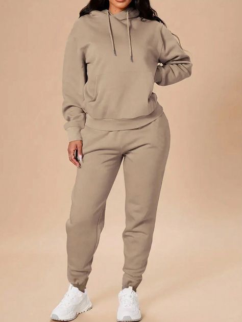 Ensemble Survêtement À Capuche Et Pantalon De Jogging Pour Femme Avec Cordon De Serrage De Couleur Unie Kaki Casual    Unicolore  Extensibilité légère  Women Clothing, size features are:Bust: ,Length: ,Sleeve Length: Gray Gym Outfit, Ensemble Jogging, Drawstring Pants Outfit, Jogging Outfit, Small Clothes, Hoodie And Sweatpants, Fall Outfits For Work, Early Fall Outfit, Sweatshirt Set