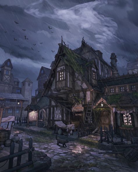 ArtStation - Seeker's Guide to Twisted Taverns: Poor Larry's, Paulo Loveranes Galamgam Scottish Aesthetic, Dnd Backgrounds, Fantasy Village, Environment Painting, Fantasy Town, Building Art, Fantasy City, Dnd Art, Fantasy Places