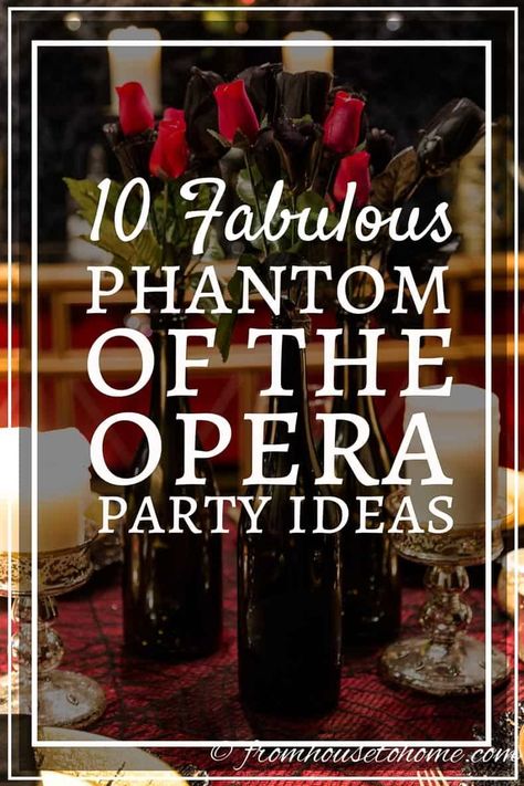 Looking for some decorating ideas for a phantom of the opera party? Click here to find some inexpensive ways to make your party look great! #entertainingdiva  #halloweenindoordecor #halloweenpartythemes #partythemes #partyideas Opera Theme Party, Phantom Of The Opera Party, Phantom Of The Opera Theme, Garage Halloween Party, Garage Halloween, Gold Table Setting, Halloween Haunted House Decorations, Theme Party Ideas, Black And Red Roses