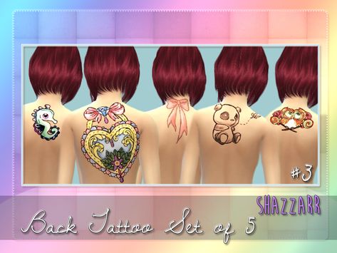 Five kawaii back tattoo designs.  Found in TSR Category 'Sims 4 Female Tattoos' Sims 4 Kawaii Tattoo, Sims Kawaii, Pink Bow Tattoos, Sims4 Accessories, Sims 4 Sims, Sims 4 Tattoos, Female Tattoos, Bow Tattoo, Kawaii Tattoo