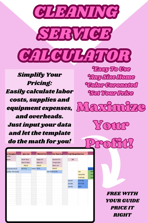 THIS TEMPLATE AUTOMATICLY CACULATES YOUR SERVICE PRICING PROFIT Cleaning Services Prices, Profit Margin, Pricing Templates, Business Book, Small Business Resources, House Cleaning Checklist, Business Essentials, House Cleaning Services, Cleaning Business