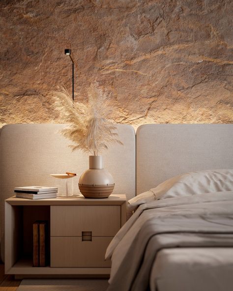 Ander Alencar (@anderalencar) • Instagram photos and videos Stone Wall Interior Design, Stone Walls Interior, Sandstone Wall, Minimal Bedroom, Limestone Wall, Gold Bedroom, Wall Bedroom, White Beige, Stone Wall