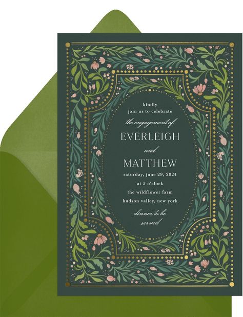 Floral Fairytale Invitations in Green | Greenvelope.com Whimsical Maximalist, Fairytale Invitation, Botanical Invitation, Whimsical Wedding Invitations, Business Invitation, Green Wedding Invitations, Fairy Wedding, Baby Invitations, Engagement Announcement