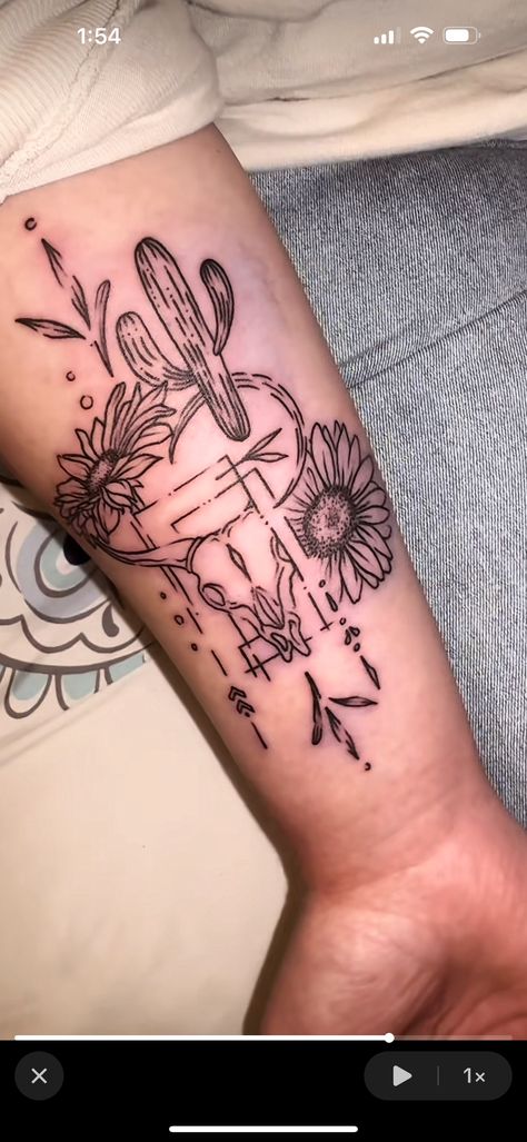 Pretty Vintage Tattoos, Punchy Women Tattoos, Cactus And Floral Tattoo, Western Scroll Tattoo, Country Tattoos For Men Forearm, Western Themed Tattoos, Western Knee Tattoo, Western Tattoo Sleeve Women, Western Patchwork Tattoo Sleeve