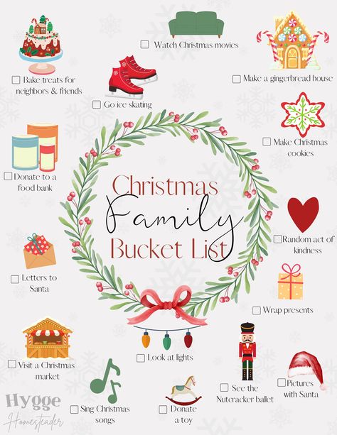 "Make the most of the holiday season with this Family Christmas Bucket List! The printable 8.5\"x11\" list is perfect for hanging on the fridge for the whole family to see and get excited for holiday fun. *This is a digital download, no physical item will be sent." Toddler Christmas Bucket List, Christmas Bucket List For Toddlers, Family Christmas Traditions To Start, Christmas Family Bucket List, Family Christmas Bucket List, Small Family Christmas Ideas, Christmas Bucket List Family, Family Christmas Themes, December Bucket List