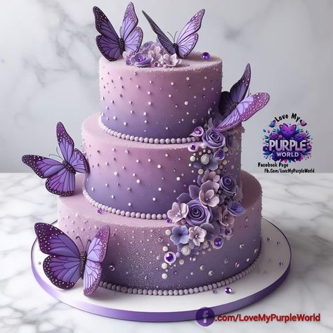 Purple And White Sweet 16 Cake, Purple Quinceanera Cake Ideas, Sweet 16 Cake Ideas Purple, 15 Year Birthday Cake, Purple Butterfly Cakes, Double Tier Cake Design, Purple Butterfly Cake Birthdays, Lavender Butterfly Cake, Purple Butterfly Sweet 16