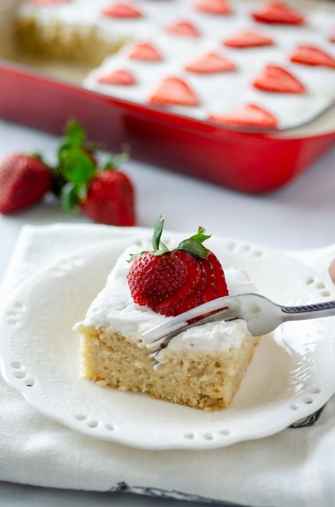 Vegan Tres Leches Cake recipe, topped with coconut whipped cream and sweet strawberries this authentic recipe is ridiculously good!! The best part of this recipe is that it’s easy to make this delectable Mexican dessert #veganmexican #tresleches #vegan Vegan Tres Leches Cake, Strawberry Poke Cake, Easy Strawberry Desserts, Strawberry Poke Cakes, Tres Leches Cake Recipe, Poke Cake Recipes, Tres Leches Cake, Mexican Dessert, Coconut Whipped Cream