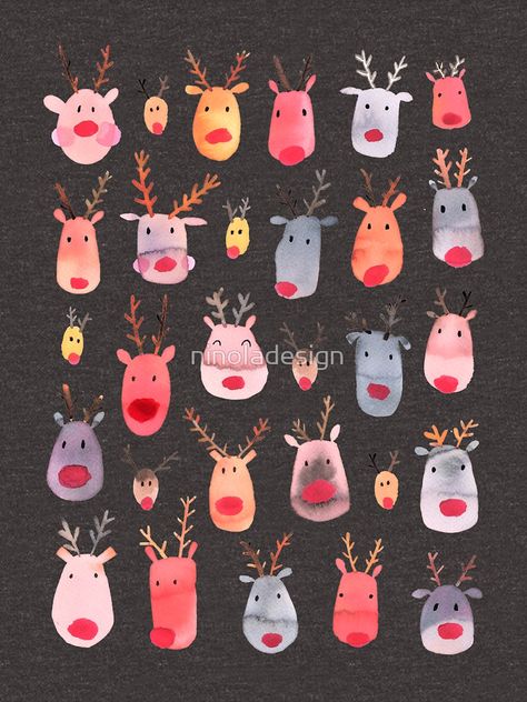 Reindeers - Animal cuteness - Winter watercolor pattern - Rudolph by ninoladesign Christmas Rudolph Art, Reindeer Doodle, Cute Reindeer Drawing, Reindeer Watercolor, Rudolph Watercolor, Christmas Reindeer Watercolor, Rudolph Painted Ornament, Raindeer Drawing Christmas Cute, Reindeer Drawing