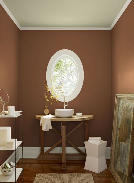 Color for half bath downstairs!  Matches the cinnamon in the granite perfectly! Best Bathroom Paint Colors, Color Combinations Paint, Bathroom Paint Colors, Benjamin Moore Paint, Interior Paint Colors, Bathroom Colors, Painting Bathroom, Paint Colors For Home, Benjamin Moore