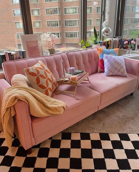 Small Pink Couch For Bedroom, Pink Futon Living Room, Hot Pink Couch Living Room Ideas, Pink Couch Apartment, Pink Couch Decor, Velvet Pink Couch, Light Pink Couch Living Room, Colored Couch, Colorful Couch Living Room