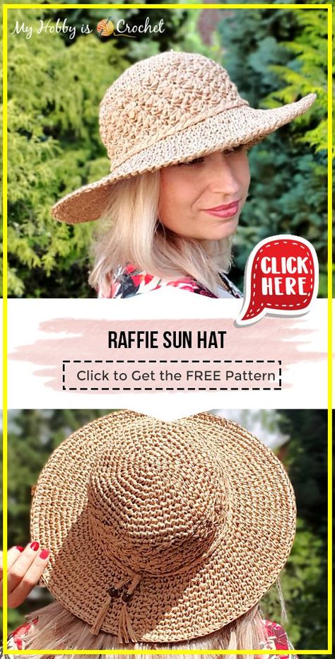 crochet Raffie Sun Hat FREE pattern - FREE Crochet Sun Hat Pattern for Beginners. Click to Get the Pattern #SunHat #crochetpattern #crochet via @shareapattern.com Knitted Sun Hat Pattern Free, Free Crochet Sun Hat, Crocheted Summer Hats, Crocheted Sun Hats Free Patterns, Straw Hat Crochet Pattern, Raffia Crochet Pattern Free, Sun Hats For Women Diy Free Pattern, Crochet Summer Hats Free Pattern Ladies, Free Crochet Pattern Sun Hat