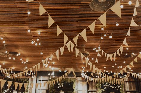 white bunting Festoon Lights Wedding, Outdoor Bunting, White Bunting, Wedding Ceiling, Reception Signage, Late Summer Weddings, Lights Wedding Decor, Wedding Bunting, Fir Trees