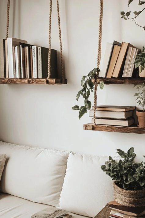 A beautifully crafted DIY hanging rope shelf, perfect for small spaces. This pin showcases stylish home decor ideas featuring creative use of vertical storage in DIY projects. Hanging Shelves With Rope, Diy Rope Shelves, Diy Plant Shelf Indoor Wall Shelves, Small Space Shelving Ideas, Diy Storage Shelves Small Spaces, Book Shelves For Small Spaces, Diy Small Shelves, Plant Shelf Diy, Easy Diy Shelves