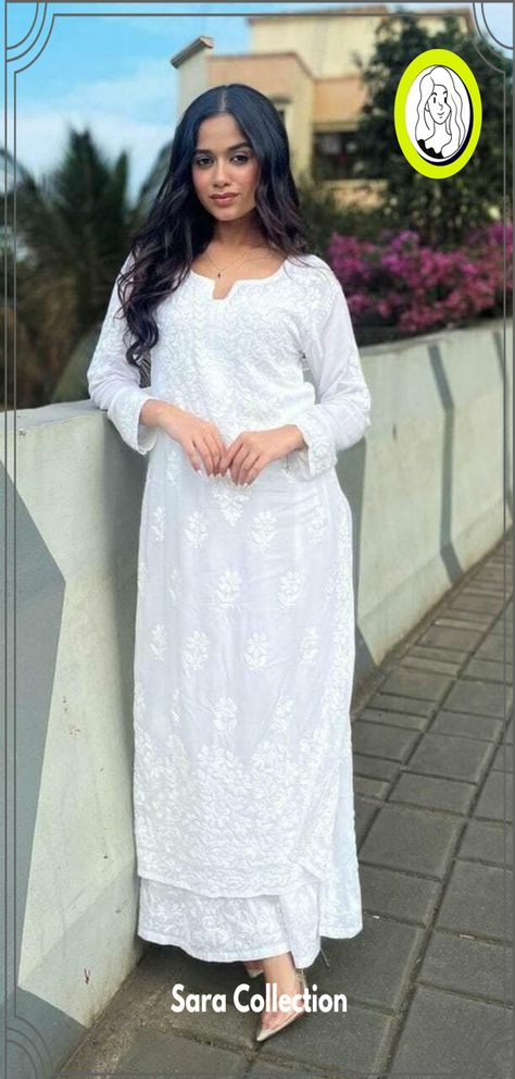 Elegant Kurti Sleeves and Neck Designs for 2024 White Kurta With Plazo, White Kurti Chikankari, White Colour Kurti Designs Latest, White Kurtis For Women, White Kurta Designs Women Cotton, Red Chickenkari Kurti, Simple White Kurti Designs, Chikan Suits Designs, White Chicken Suit Designs