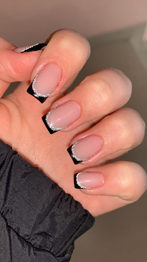 Natural Nails With Small Design, Micro Tip Nails, Natural Length Nail Designs, Short Square Nails With Gems, Black And White Natural Nails, Short Acrylic Nails Designs Black, Nails Black With Glitter, Black And Tan Nails, Full Glitter Nails