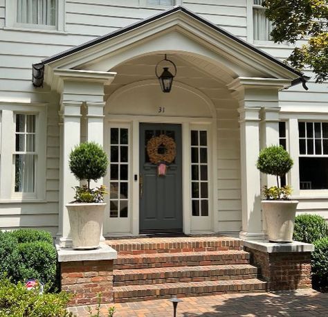 Portico Entry French Country, Colonial Portico Entrance, Adding A Portico Front Entry, Portico Makeover, Front Stairs Entrance, Front Portico Ideas, Portico Entry Colonial, Colonial Front Porch Ideas, Arched Portico