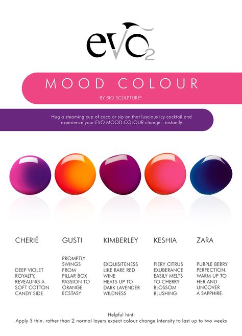 EVO_BY_BIO_SCULPTURE_GEL_MOOD_COLOURS Evo Bio Sculpture Colours, Bio Sculpture Evo Gel Nails Colours, Evo Gel Nail Colours, Bio Sculpture Gel Nails Colours, Evo Gel Nails, Biosculpture Nails, Sculpture Gel Nails, Sculpture Nails, Bio Sculpture Gel Nails