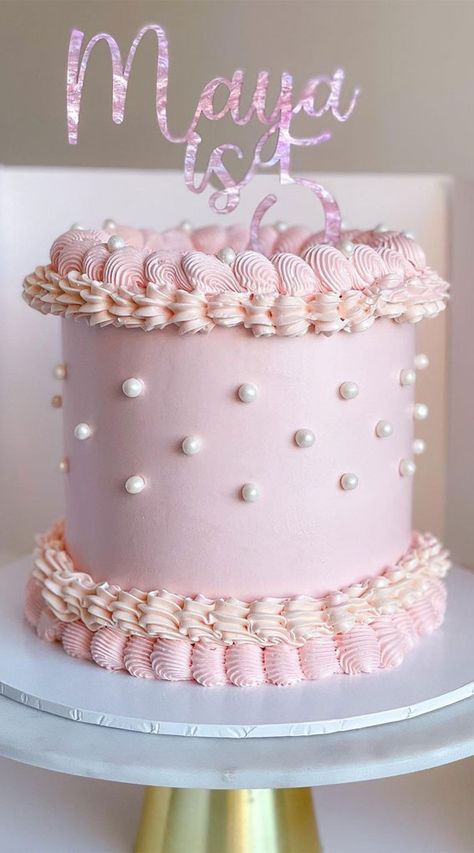 pearl cake, soft pink buttercream cake, buttercream cake ideas, buttercream cakes Pink Pearl Birthday Cake, Pink 1st Birthday Party Decorations, Pink Cakes Aesthetic, Pink And Pearls Party, Pink Cake Designs Birthday, Pink Cake With Pearls, Pink Pastel Cake, Birthday Cake Pink Girly, Pearl Cake Design