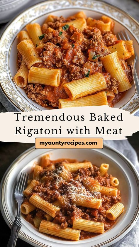 Satisfy your cravings with this Tremendous Baked Rigatoni with Meat Sauce, a comforting Italian dish that’s perfect for family dinners. Featuring al dente rigatoni pasta, savory ground beef, and a rich tomato sauce, this casserole is topped with melted mozzarella for a cheesy finish. It’s an easy-to-make dish that’s perfect for feeding a crowd or meal prepping for the week. Rigatoni Baked Pasta, Rigatoni And Meatballs, Rigatoni With Meat Sauce, Crockpot Rigatoni, Italian Main Dishes For A Crowd, Baked Rigatoni With Ground Beef, Pasta Ground Beef Recipes, Rigatoni Recipes Easy, Italian Main Dishes