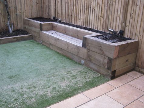 Railway Sleepers Garden, Sleepers In Garden, Raised Planters, Railway Sleepers, Back Garden Design, Outdoor Gardens Design, Small Garden Design, Garden Seating, Courtyard Garden