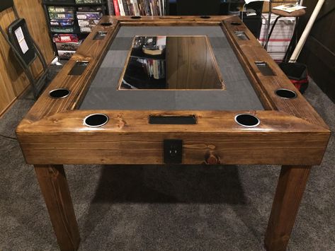 A different sort of gaming table, for the future.  This one has space in the middle for digital maps to be displayed from the underside. Tabletop Gaming Table, Dnd Table With Tv, Dnd Table Diy, Boardgame Tables, D&d Table, Diy Board Game Table, Diy Gaming Table, Gaming Table Diy, Dnd Room