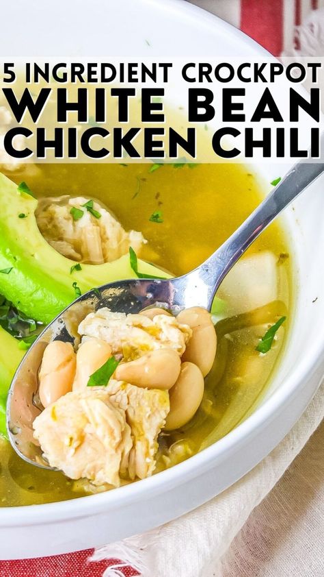 This crockpot 5-ingredient white bean chicken chili is the ultimate comfort food for a chilly evening! It's easy to make and packed with flavor, thanks to the combination of tender chicken, creamy white beans, and a blend of spices. Whether you're looking for a quick weeknight meal or a crowd-pleasing party dish, this delicious chili is sure to satisfy. So why not give it a try and warm up with a bowl of cozy goodness today! White Bean Chili Crockpot, Chili Beans Crockpot, Easy White Bean Chicken Chili, White Bean Chicken Chili Slow Cooker, White Bean Chicken Chili Crockpot, Crockpot Chicken Chili Recipes, White Bean Chicken Chili Recipe, White Bean Chili Recipe, Creamy White Beans