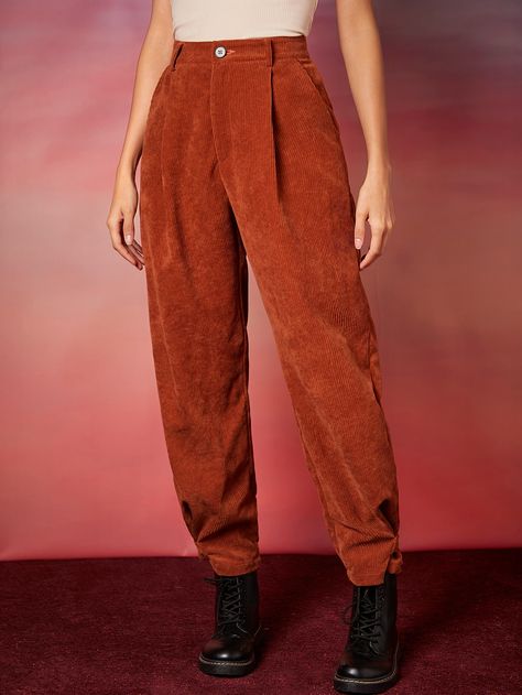 Burnt Orange Casual   Corduroy Plain Tapered/Carrot  Non-Stretch Fall/Winter Women Bottoms Orange Pants Outfit, Orange Corduroy Pants, Corduroy Pants Outfit, Cord Pants, Carrot Pants, Winter Pants Outfit, Orange Pants, Women Bottoms, Cords Pants